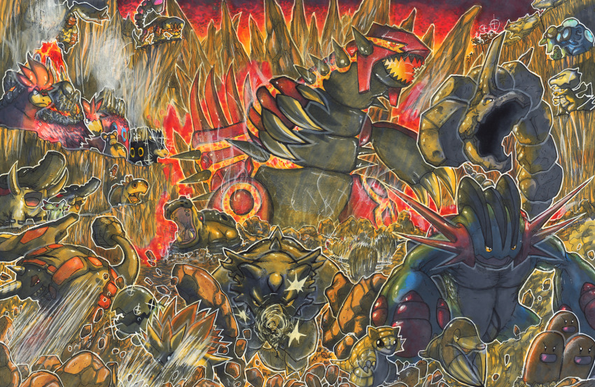 alternate_color camerupt claws commentary cubone debris diggersby diglett donphan drilbur dugtrio english_commentary game_freak gen_1_pokemon gen_2_pokemon gen_3_pokemon gen_4_pokemon gen_5_pokemon gen_6_pokemon groudon highres hippopotas hippopotas_(male) hippowdon hippowdon_(male) landorus landorus_(therian) lava legendary_pokemon marowak mega_camerupt mega_pokemon mega_swampert motion_lines nintendo no_humans numel onix open_mouth palpitoad phanpy pokemon pokemon_(creature) pokemon_focus primal_groudon rhydon rhyhorn rhyperior sandshrew sandslash seismitoad sharp_teeth shiny_and_normal shiny_pokemon spikes swampert takkun_(takkun_art) teeth traditional_media trapinch