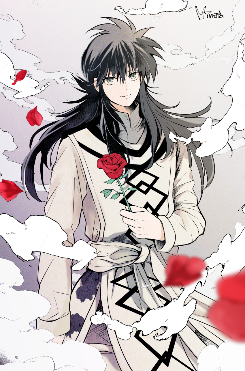 1boy absurdres alternate_color alternate_eye_color alternate_hair_color arm_at_side black_hair closed_mouth cowboy_shot flower grey_background grey_eyes highres holding holding_flower kurama_(yu_yu_hakusho) long_hair long_sleeves looking_at_viewer male_focus minato_x3710 motion_blur petals red_flower red_rose rose sash shirt sidelocks signature smile smoke solo tabard yuu_yuu_hakusho