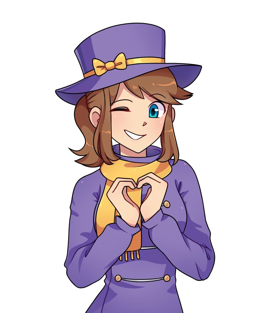 ;d a_hat_in_time absurdres aged_up blue_eyes bow brown_hair coat commission hat hat_bow hat_kid heart heart_hands highres long_sleeves looking_at_viewer medium_hair one_eye_closed open_mouth ponytail purple_coat purple_hat scarf sidelocks simple_background smile teeth upper_body white_background xxfaylinnxx yellow_bow yellow_scarf