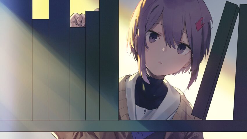 1girl a.i._voice book bookshelf bookshelf_pov brown_cardigan cardigan expressionless hair_ornament hairclip hand_up high_collar hitogome leaning_to_the_side looking_at_viewer neckerchief open_cardigan open_clothes parted_lips purple_eyes purple_hair purple_neckerchief sailor_collar school_uniform serafuku sidelighting solo sunlight undershirt upper_body voiceroid white_sailor_collar yuzuki_yukari yuzuki_yukari_(shizuku)