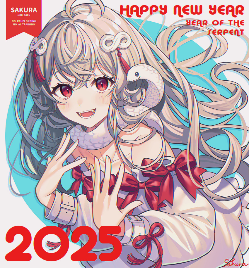 1girl 2025 :d ahoge animal artist_name bare_shoulders blonde_hair blue_background blush buckle chinese_zodiac collarbone dress fangs frilled_dress frills hair_ornament hands_up happy_new_year highres infinity_symbol long_hair long_sleeves looking_at_viewer lq_saku new_year off-shoulder_dress off_shoulder open_mouth original red_eyes red_ribbon ribbon smile snake solo tassel two-tone_background very_long_hair white_dress white_snake year_of_the_snake