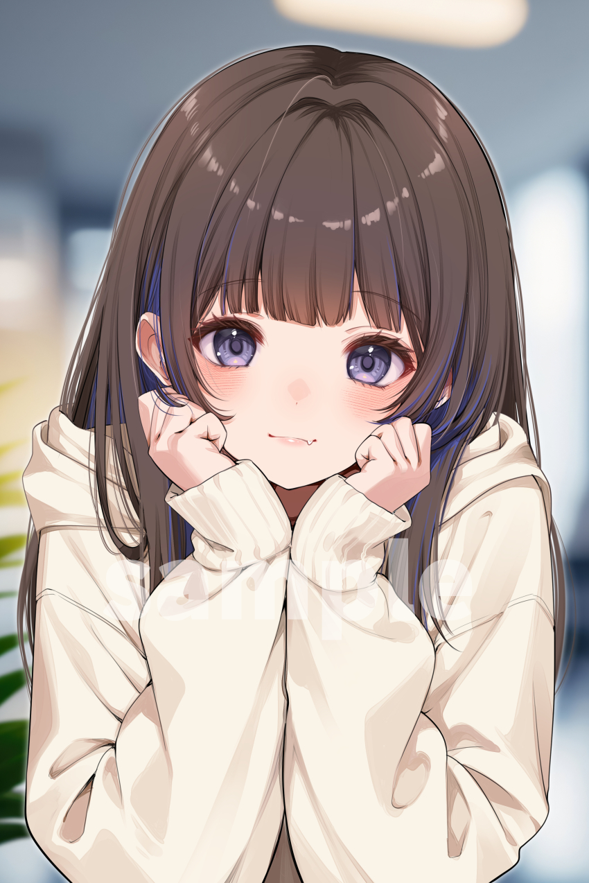 1girl absurdres blue_eyes blue_streaks blurry blurry_background blush brown_hair closed_mouth commentary_request fang fujisaki_hikari hair_intakes highres hood hood_down hoodie light_smile long_hair long_sleeves looking_at_viewer original skin_fang sleeves_past_wrists solo white_hoodie