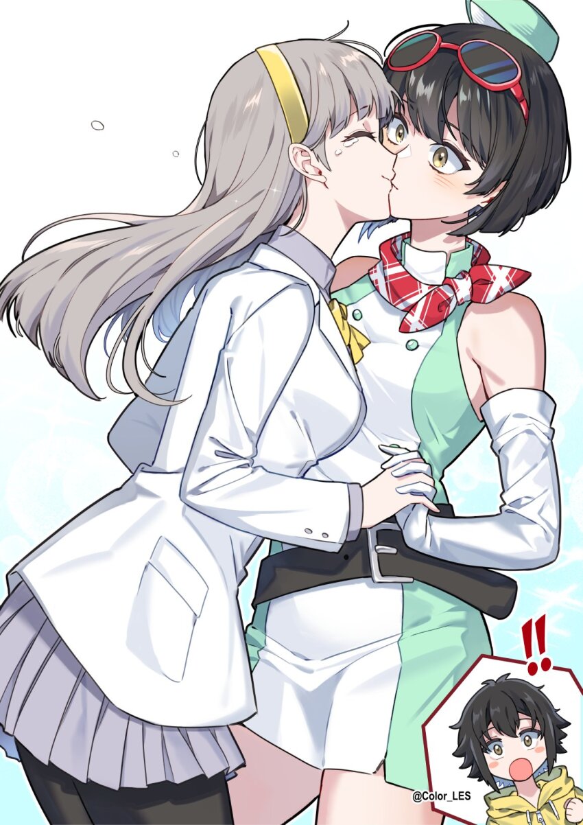 1boy 2girls bare_shoulders black_hair breasts color-les couple digimon digimon_story:_time_stranger dress french_kiss gloves goggles goggles_on_head green_dress green_hat grey_hair grey_shirt hat highres inori_yuuta jacket kiss large_breasts long_hair misono_inori multiple_girls pantyhose shirt short_hair siblings simple_background vest white_background white_dress white_gloves white_jacket yuri yuuki_kanan