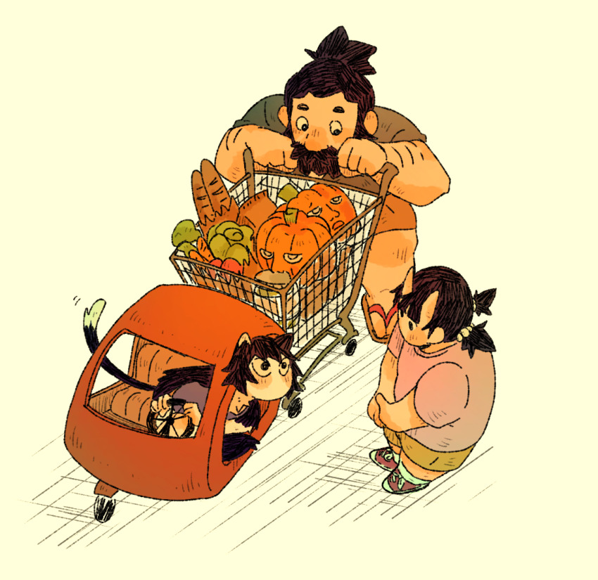 1boy 2girls beard black_hair blush brown_hair cat_girl curious cutystuffy deformed dryad dungeon_meshi dwarf facial_hair from_above full_body horns inutade izutsumi long_beard long_hair monster_girl multiple_girls mustache no_mouth oni peeking_out pumpkin pushing_cart senshi_(dungeon_meshi) shopping_cart shy skin-covered_horns sparse_arm_hair standing thick_mustache twintails