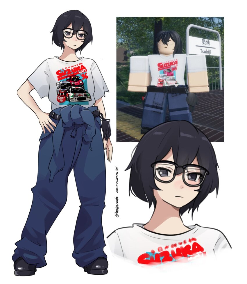 1girl black_footwear black_hair blue_jumpsuit boots commentary commission english_commentary frown game_screenshot_inset glasses hand_on_own_hip highres holeecrab jumpsuit jumpsuit_around_waist looking_at_viewer mclaren mclaren_f1 multiple_views nissan nissan_skyline nissan_skyline_gt-r nissan_skyline_r34 player_character_(roblox) reference_inset roblox short_hair super_gt toyota toyota_supra toyota_supra_mk_iv twitter_username