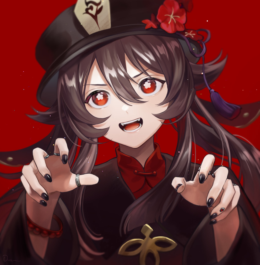 1girl :d absurdres black_hat black_nails brown_hair chi_trinh floating_hair flower genshin_impact hat hat_flower head_tilt highres hu_tao_(genshin_impact) jewelry long_hair looking_at_viewer nail_polish open_mouth red_background red_eyes red_flower ring smile solo symbol-shaped_pupils upper_body