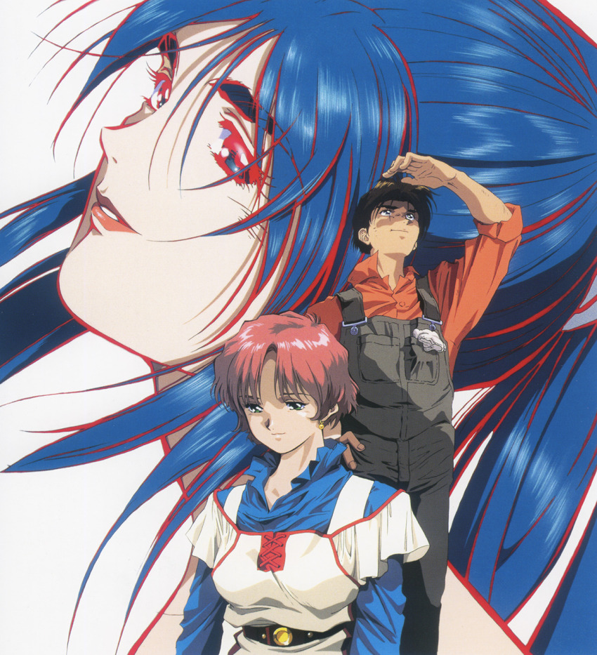 1990s_(style) 1boy 2girls belt black_hair blue_hair dress earrings eyelashes highres jewelry kawamoto_toshihiro lips looking_up multiple_girls nataruma orguss orguss_02 ponytail promotional_art red_hair retro_artstyle riin_(orguss_02) scan toria_(orguss_02) traditional_media
