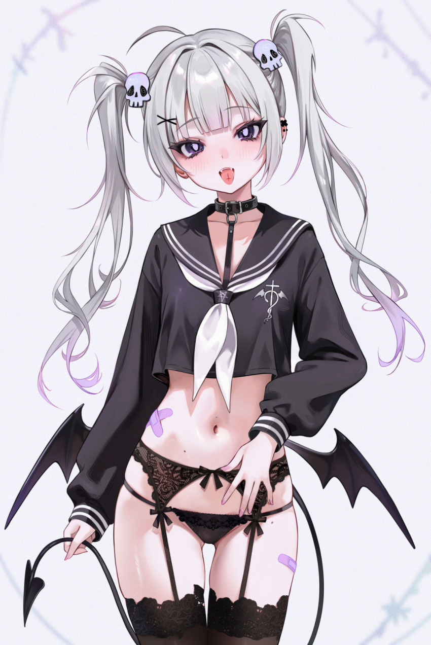 1girl ahoge bandaid_on_stomach bandaid_on_thigh belt_collar black_panties black_sailor_collar black_serafuku black_shirt black_thighhighs blunt_bangs blush bright_pupils collar commentary_request cowboy_shot cropped_shirt demon_girl demon_tail demon_wings ear_piercing emblem fang garter_belt garter_straps gluteal_fold gradient_hair grey_hair hair_ornament head_tilt highres holding_own_tail lace lace-trimmed_thighhighs lace_garter_belt lace_trim long_hair long_sleeves looking_at_viewer low_wings multicolored_hair navel neckerchief no_pants ompf open_mouth original panties piercing purple_eyes purple_hair sailor_collar school_uniform serafuku shirt sidelocks simple_background skull_hair_ornament solo standing stomach tail thigh_gap thighhighs tongue tongue_out twintails underwear white_neckerchief wings x_hair_ornament