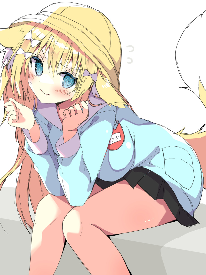 1girl absurdres animal_ear_fluff animal_ears black_skirt blonde_hair blue_dress blue_eyes blush bow breasts closed_mouth copyright_request dress ears_down feet_out_of_frame flying_sweatdrops fox_ears fox_girl fox_tail fuuna_thise hair_between_eyes hair_bow hat highres kindergarten_uniform large_breasts leaning_forward pleated_skirt school_hat simple_background sitting skirt solo sweat tail virtual_youtuber white_background white_bow yellow_hat
