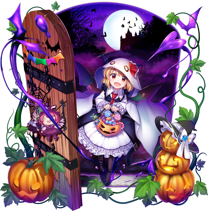 1girl alternate_costume basket bat_(animal) black_hat black_shoes brown_pantyhose candy candy_cane collared_shirt cosplay door fang food frilled_sleeves frills full_body full_moon game_cg ghost_costume halloween halloween_costume hat hat_ornament highres holding holding_basket jack-o&#039;-lantern koakuma koakuma_(cosplay) lollipop long_sleeves looking_at_viewer moon mystia_lorelei necktie night night_sky official_art open_mouth outdoors pantyhose pumpkin red_eyes red_necktie red_ribbon ribbon rotte_(1109) rumia rumia_(koakuma-like_youkai) sheet_ghost shirt shoes silk sky solo spider_web star_(sky) star_(symbol) star_hat_ornament starry_sky swirl_lollipop third-party_source touhou touhou_lostword transparent_background unworn_headwear witch_hat wriggle_nightbug
