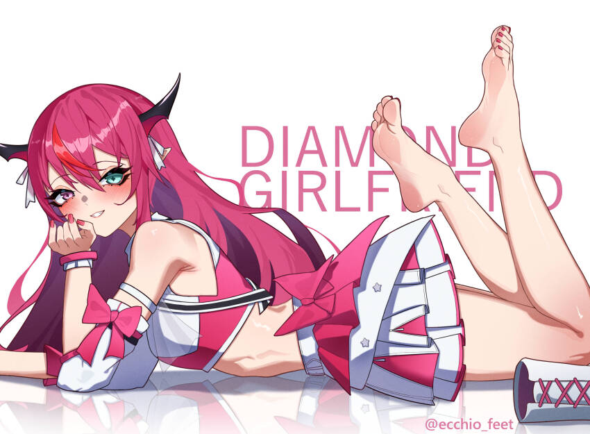 1girl armpits artist_name bare_legs barefoot blue_eyes blush commentary ecchi-o english_commentary feet full_body heterochromia highres hololive hololive_english hololive_idol_uniform_(color_rise) horns irys_(hololive) long_hair looking_at_viewer lying multicolored_hair nail_polish official_alternate_costume on_floor on_stomach pointy_ears purple_eyes purple_hair red_hair smile soles solo streaked_hair toenail_polish toenails toes twitter_username virtual_youtuber white_background