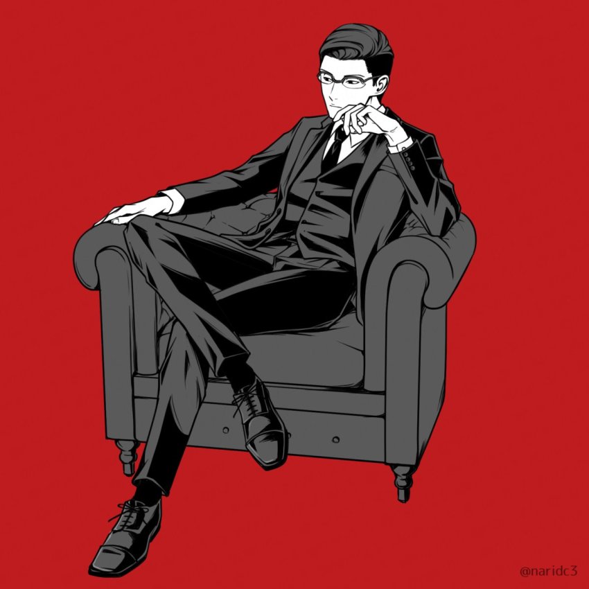 1boy arm_rest armchair chair closed_mouth collared_shirt cross-laced_footwear crossed_legs dress_shirt elbow_rest figure_four_sitting formal_clothes full_body glasses hair_slicked_back hand_up head_rest highres jacket long_sleeves looking_down male_focus monochrome naridc3 necktie outstretched_arm over-rim_eyewear pants red_background semi-rimless_eyewear shirt shoes short_hair sideways_glance simple_background sitting socks solo suit twitter_username vest world_trigger yuba_takuma