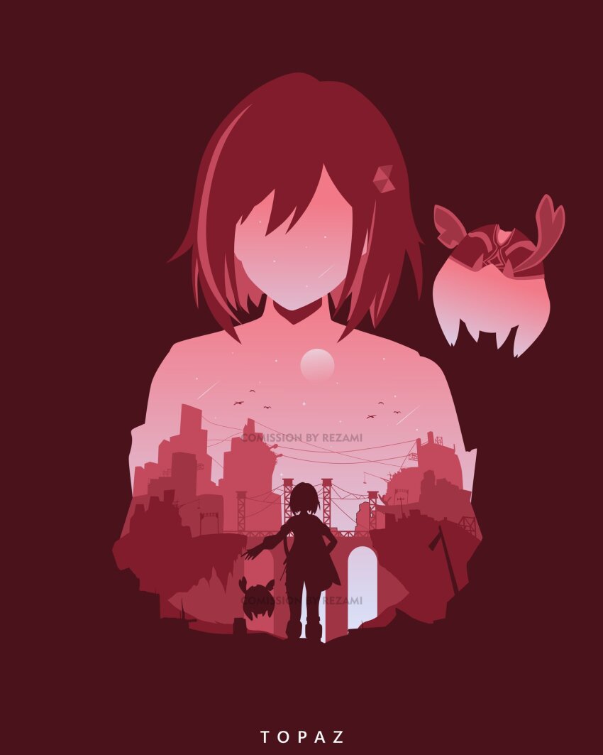 1girl artist_name bird bridge character_name commentary commission english_commentary facing_viewer full_moon hair_ornament hand_on_own_hip highres honkai:_star_rail honkai_(series) minimalism monochrome moon multicolored_hair numby_(honkai:_star_rail) outstretched_arm red_background red_theme rezami short_hair silhouette standing streaked_hair topaz_(honkai:_star_rail) trotter_(honkai:_star_rail)
