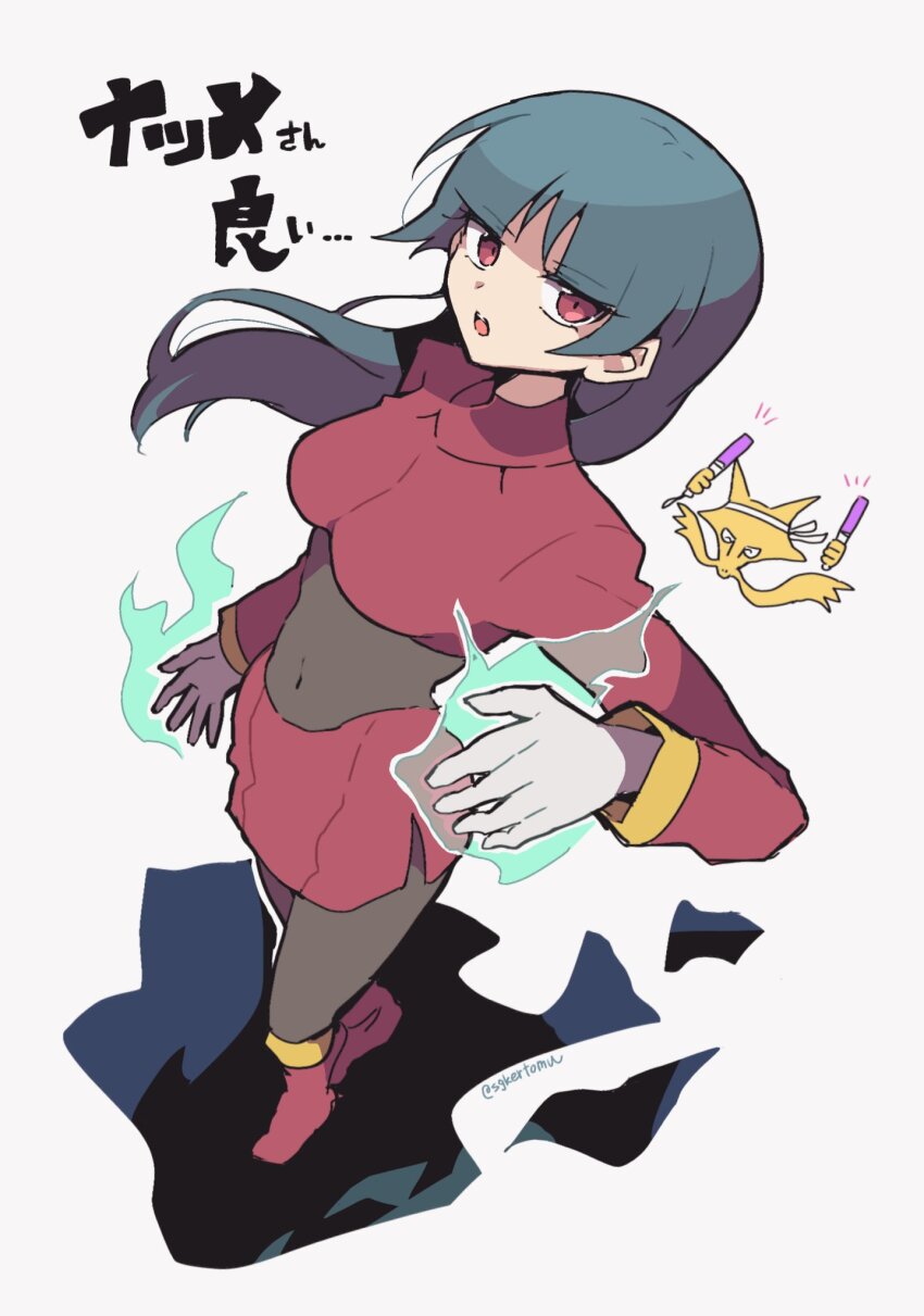 1girl alakazam black_bodysuit blue_hair blunt_bangs bodysuit bodysuit_under_clothes breasts colored_skin crop_top cropped_jacket dark_blue_hair gen_1_pokemon gloves highres hime_cut jacket large_breasts long_hair long_sleeves medium_breasts nintendo nojima_minami pantyhose pencil_skirt pokemon pokemon_(creature) pokemon_frlg red_eyes red_jacket red_skirt sabrina_(pokemon) side_slit skirt solo telekinesis turtleneck turtleneck_jacket white_gloves yellow_skin