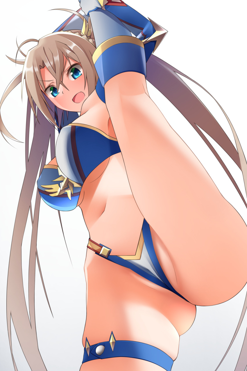 1girl baaad_sima bare_shoulders bikini blonde_hair blue_bikini blue_eyes blush bradamante_(fate) braid breasts cleavage crown_braid elbow_gloves fate/grand_order fate_(series) gloves hair_between_eyes highleg highres large_breasts long_hair looking_at_viewer multicolored_bikini navel open_mouth smile solo split standing standing_on_one_leg standing_split swimsuit thigh_strap thighs twintails two-tone_bikini very_long_hair