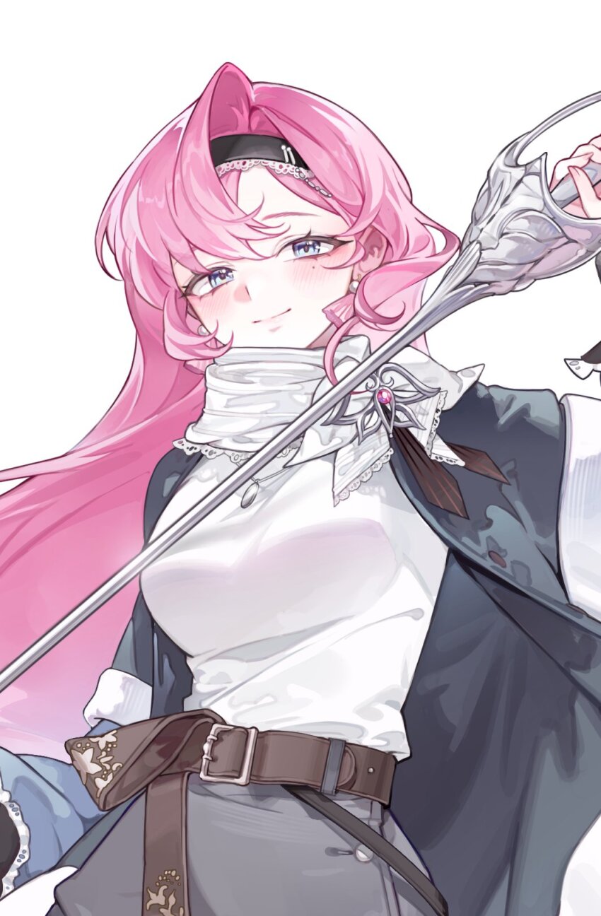 1girl aegumd belt belt_buckle black_hairband black_jacket blush breasts brooch brown_belt buckle closed_mouth curtained_hair earrings grey_skirt hairband highres holding holding_sword holding_weapon jacket jewelry korean_commentary layered_sleeves long_hair long_sleeves looking_at_viewer medium_breasts mole mole_under_eye necklace open_clothes open_jacket original pink_hair puffy_long_sleeves puffy_sleeves rapier scarf shirt simple_background skirt smile solo sword tassel tassel_earrings upper_body weapon white_background white_scarf white_shirt