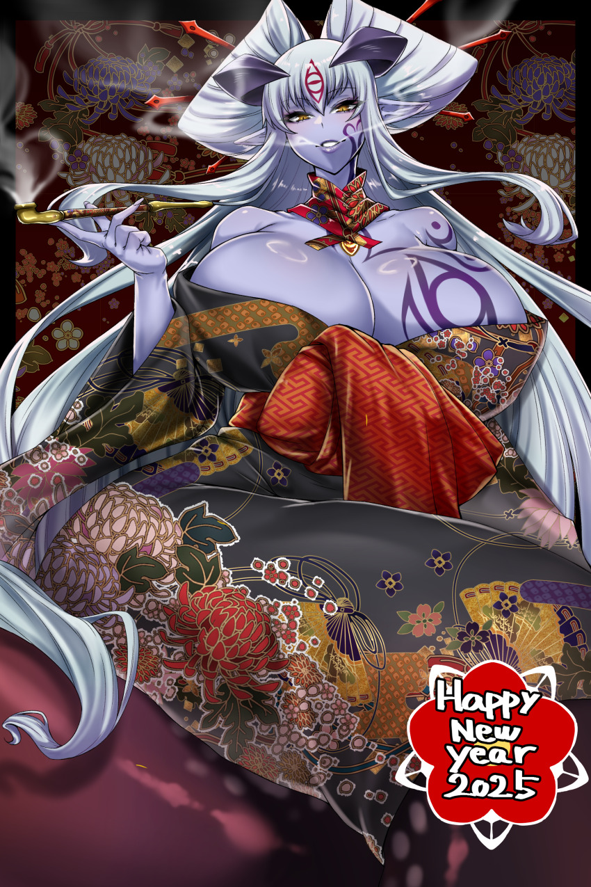 1girl absurdres alipheese_fateburn_xvi breast_tattoo breasts chinese_hairpin colored_skin eye_tattoo facial_tattoo hair_ornament hair_stick hair_tattoo highres holding holding_smoking_pipe horns japanese_clothes kimono kiseru lamia large_breasts long_hair mon-musu_quest! mon-musu_quest:_paradox monster_girl ong_(0000ong) pointy_ears purple_skin smile smoke smoking smoking_pipe tattoo white_hair yellow_eyes