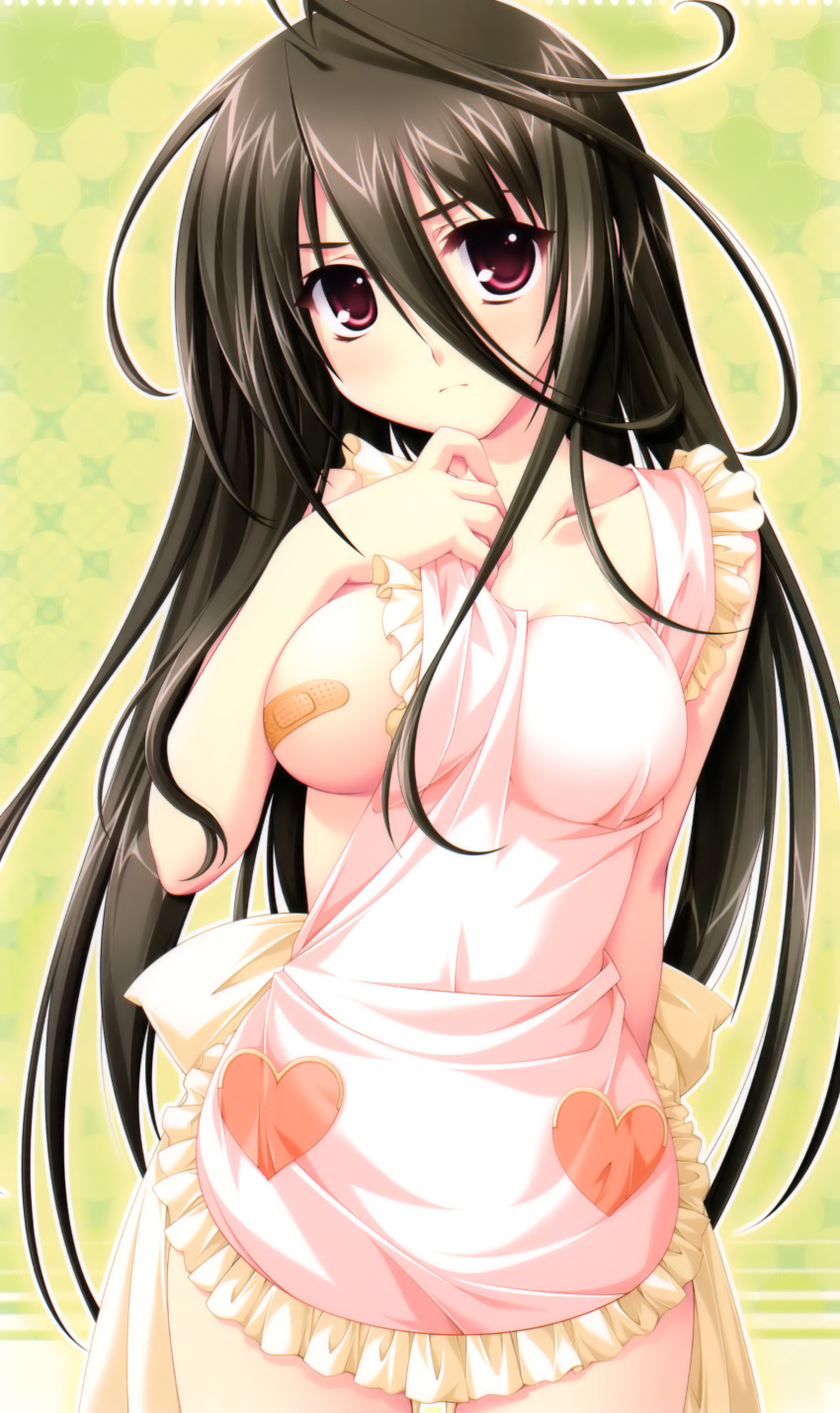 1girl absurdres alpha_(yukai_na_nakamatachi) apron bandaid bandaids_on_nipples breast_slip breasts brown_hair female_focus frilled_apron frills g-senjou_no_maou heart highres long_hair naked_apron one_breast_out pasties red_eyes solo usami_haru very_long_hair
