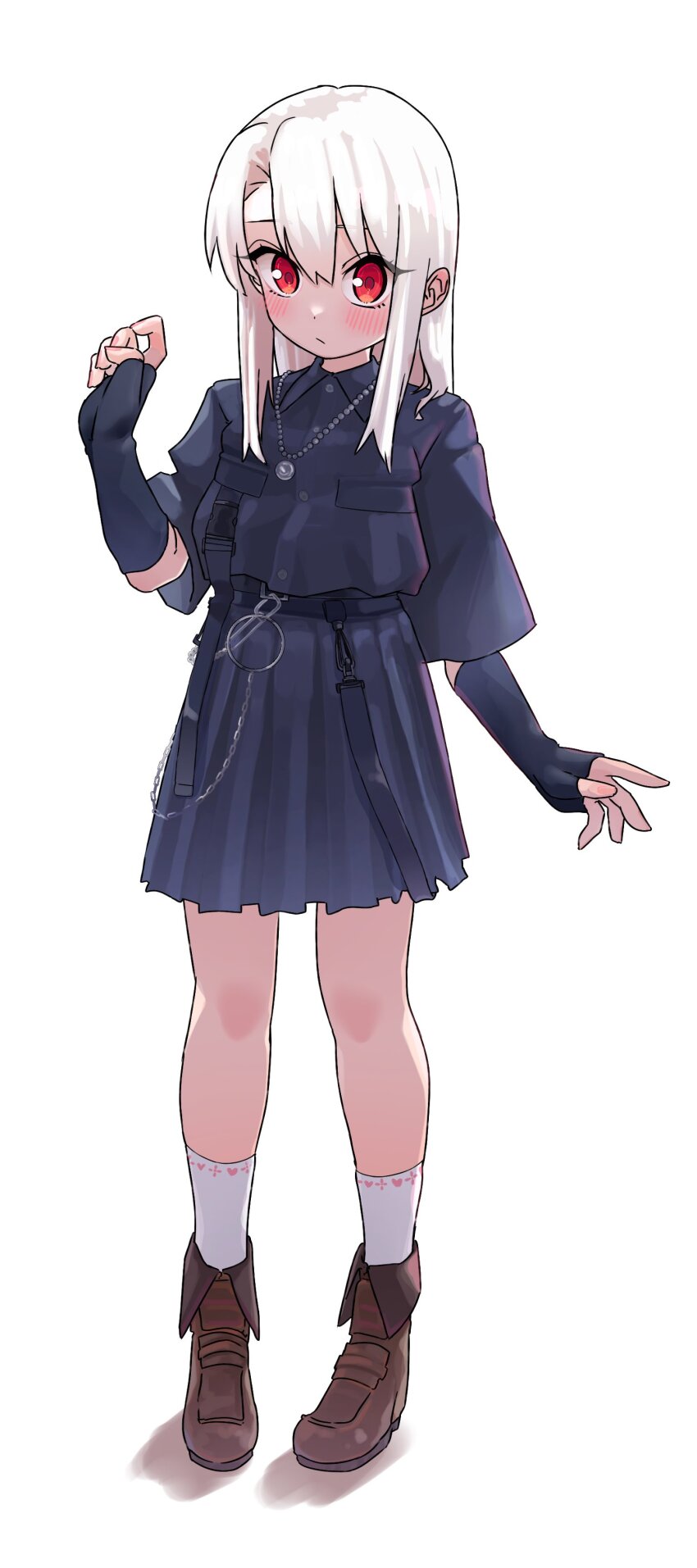 1girl absurdres alternate_costume blush boots commentary_request dress fate/stay_night fate_(series) fingerless_gloves full_body gloves highres illyasviel_von_einzbern jewelry long_hair looking_at_viewer necklace niwaikanai red_eyes simple_background socks solo white_background white_hair white_socks