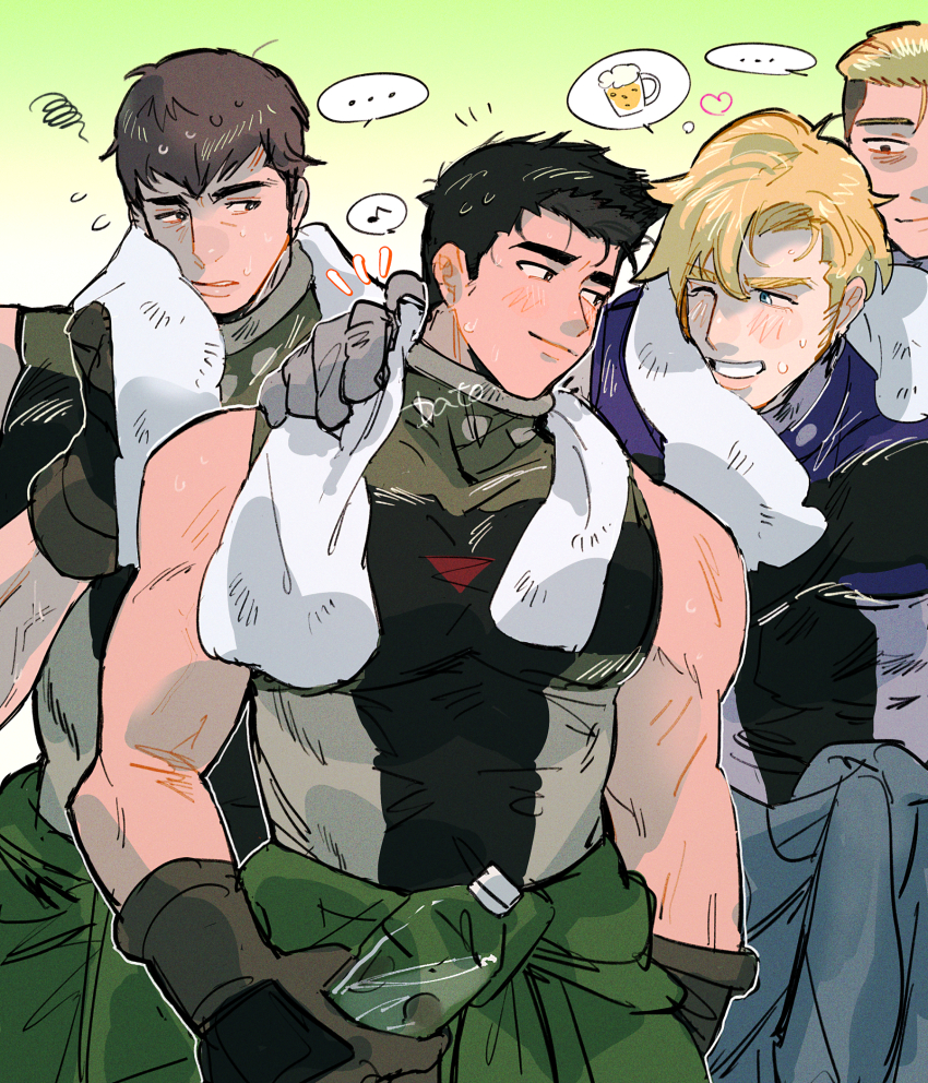 ... 4boys ao_isami bara black_hair blonde_hair clothes_down couple facial_hair grin hand_on_another&#039;s_shoulder happy highres ice_nomu large_pectorals lewis_smith looking_at_another male_focus medium_sideburns multiple_boys muscular muscular_male pectorals sideburns_stubble sleeveless smile squiggle stubble thick_eyebrows wiping_sweat yaoi yuuki_bakuhatsu_bang_bravern