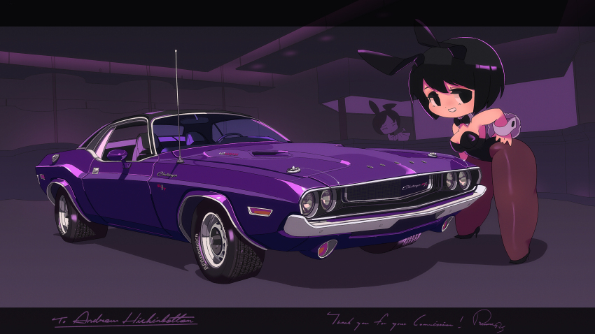 2girls absurdres animal_ears black_bow black_eyes black_hair bow breasts brown_pantyhose car commission detached_collar dodge_(company) dodge_challenger dodge_challenger_(1st_generation) highres leaning_forward letterboxed looking_at_viewer medium_breasts motor_vehicle multiple_girls muscle_car original pantyhose parted_lips purple_car rabbit_ears radio_antenna rikona short_hair skeb_commission smile vehicle_focus