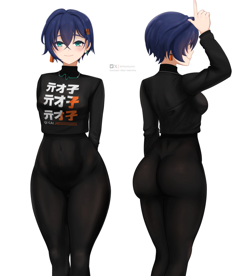 1girl absurdres altairelysitch alternate_costume aqua_eyes artist_name ass belle_(zenless_zone_zero) blue_hair blush bodysuit breasts earrings from_behind hair_ornament hairclip highres jewelry looking_at_viewer medium_breasts shirt short_hair sideboob skin_tight smile solo zenless_zone_zero