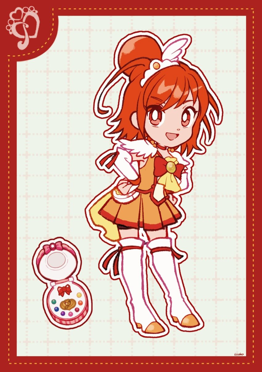 1girl ascot boots border bow bowtie bright_pupils brooch choker compact_(cosmetics) cosmetics cure_sunny deformed dot_nose dotted_line eyelashes footwear_ribbon full_body grey_background grid_background hair_bun hair_ornament hands_on_own_hips high_heel_boots high_heels highres hino_akane_(smile_precure!) jewelry magical_girl medium_hair mini_tiara miniskirt open_mouth orange_hair orange_skirt orange_wrist_cuffs outline pleated_skirt precure red_border red_bow red_bowtie red_choker red_eyes red_ribbon red_shorts ribbon shorts shorts_under_skirt signature single_hair_bun skirt skirt_set smile smile_precure! solo standing tareme thigh_boots tiara train_(clothing) uwded_207 waist_bag white_arm_warmers white_bag white_boots white_outline white_pupils wing_hair_ornament wrist_cuffs yellow_ascot