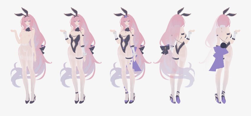 1girl absurdres alternate_costume animal_ears ass black_leotard black_ribbon blue_eyes breasts chinese_commentary clothing_cutout commentary_request elysia_(honkai_impact) fake_animal_ears fake_tail from_behind hair_ribbon high_heels highres honkai_(series) honkai_impact_3rd large_breasts leotard long_hair multiple_views navel navel_cutout nipples pantyhose pink_hair pmg rabbit_ears rabbit_tail ribbon smile tail thigh_strap topless_female very_long_hair white_background white_pantyhose