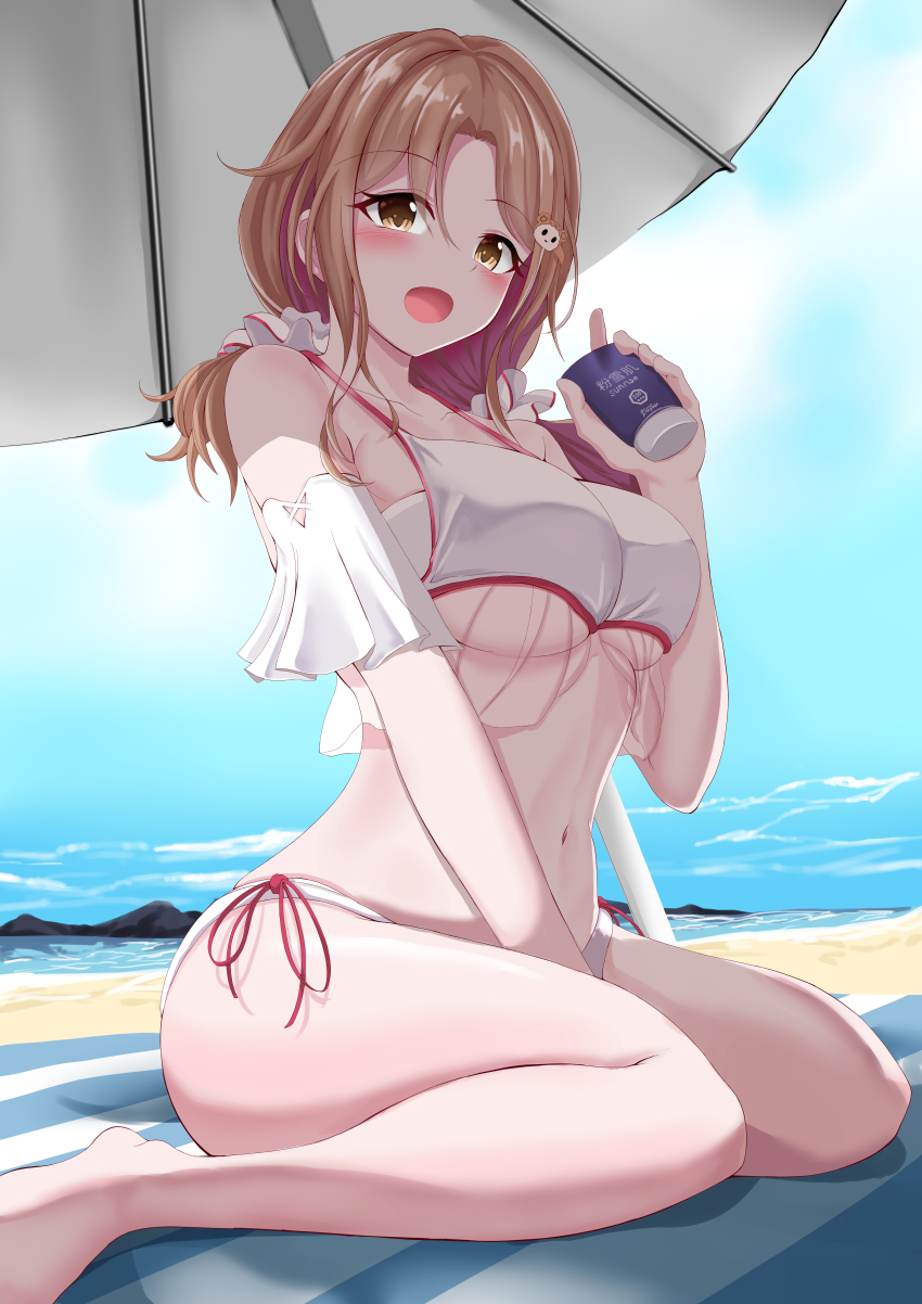 1girl a10_(avxv8374) absurdres arm_garter bare_legs barefoot beach bikini blush breasts hair_ornament hair_scrunchie highres ichikawa_hinana idolmaster idolmaster_shiny_colors large_breasts light_brown_hair looking_at_viewer lotion mat navel outdoors parasol parted_bangs scrunchie side-tie_bikini_bottom sitting smile solo sunscreen swimsuit twintails umbrella underboob wariza white_bikini