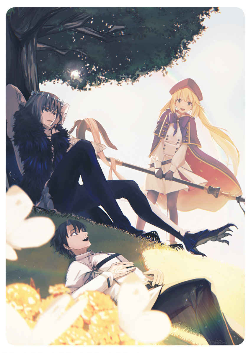 1girl 2boys absurdres ao_haruki artoria_caster_(fate) artoria_caster_(second_ascension)_(fate) artoria_pendragon_(fate) belt beret black_belt black_footwear black_hair black_pants black_pantyhose blonde_hair blue_belt blue_cloak blue_eyes blue_headwear branch buttons cloak crown fate/grand_order fate_(series) fujimaru_ritsuka_(male) fur_trim green_eyes grey_hair hat highres jacket long_hair looking_at_viewer multiple_boys oberon_(fate) oberon_(third_ascension)_(fate) open_mouth pants pantyhose pleated_skirt shadow shirt short_hair skirt smile spoilers sunlight tree twintails white_jacket white_shirt white_skirt