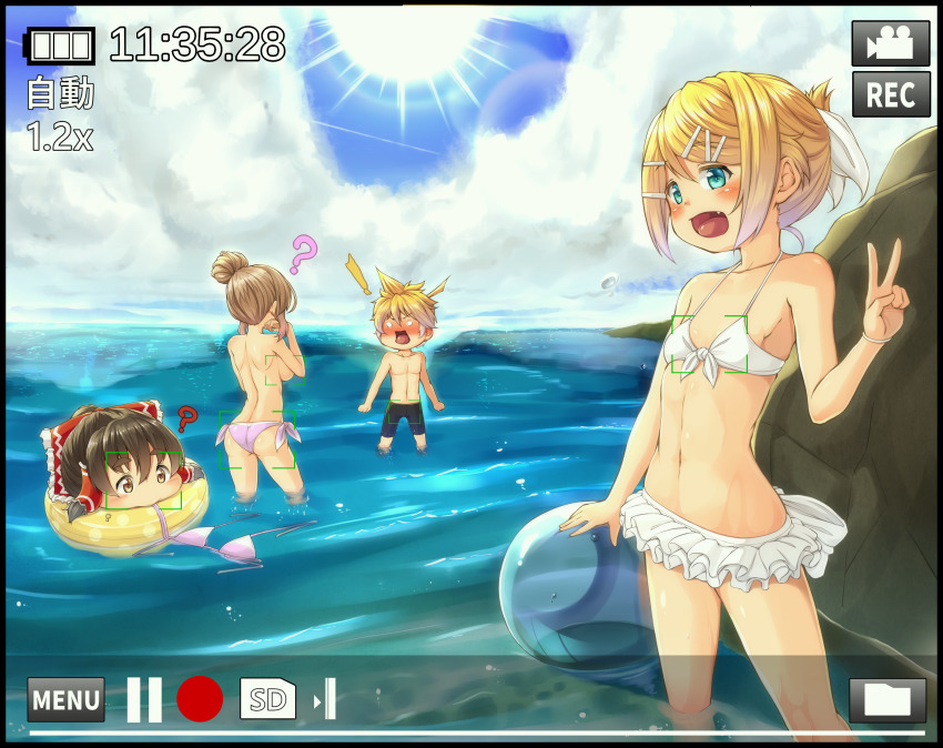 1boy 3girls ? backboob battery_indicator bikini bikini_skirt black_jammers black_male_swimwear blonde_hair blue_eyes blue_sky blush bow breasts brother_and_sister brown_eyes brown_hair cevio cloud commentary_request day feet_out_of_frame frilled_bow frilled_hair_tubes frills hair_bow hair_bun hair_ornament hair_tubes hairclip hakurei_reimu highres horizon innertube jammers kagamine_len kagamine_rin kitsunerider large_breasts looking_at_another looking_at_viewer male_swimwear multiple_girls nose_blush ocean open_mouth outdoors pink_bikini recording red_bow satou_sasara short_hair siblings sky small_breasts smile sun sunlight swept_bangs swim_ring swimsuit touhou twins v viewfinder vocaloid water white_bikini yukkuri_shiteitte_ne