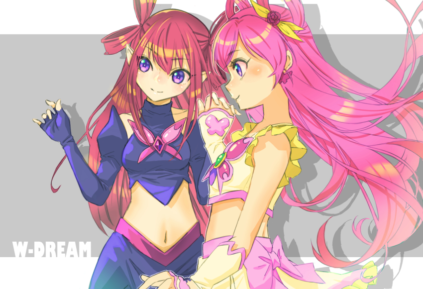 2girls blush bow breasts crop_top cure_dream dark_cure_(yes!_precure_5) dark_dream dual_persona elbow_gloves fingerless_gloves floating_hair gloves hair_behind_ear hair_rings holding_hands jj_(ssspulse) long_hair multiple_girls navel pink_bow pink_hair pointy_ears precure purple_eyes red_hair skirt small_breasts smile yellow_skirt yes!_precure_5 yumehara_nozomi