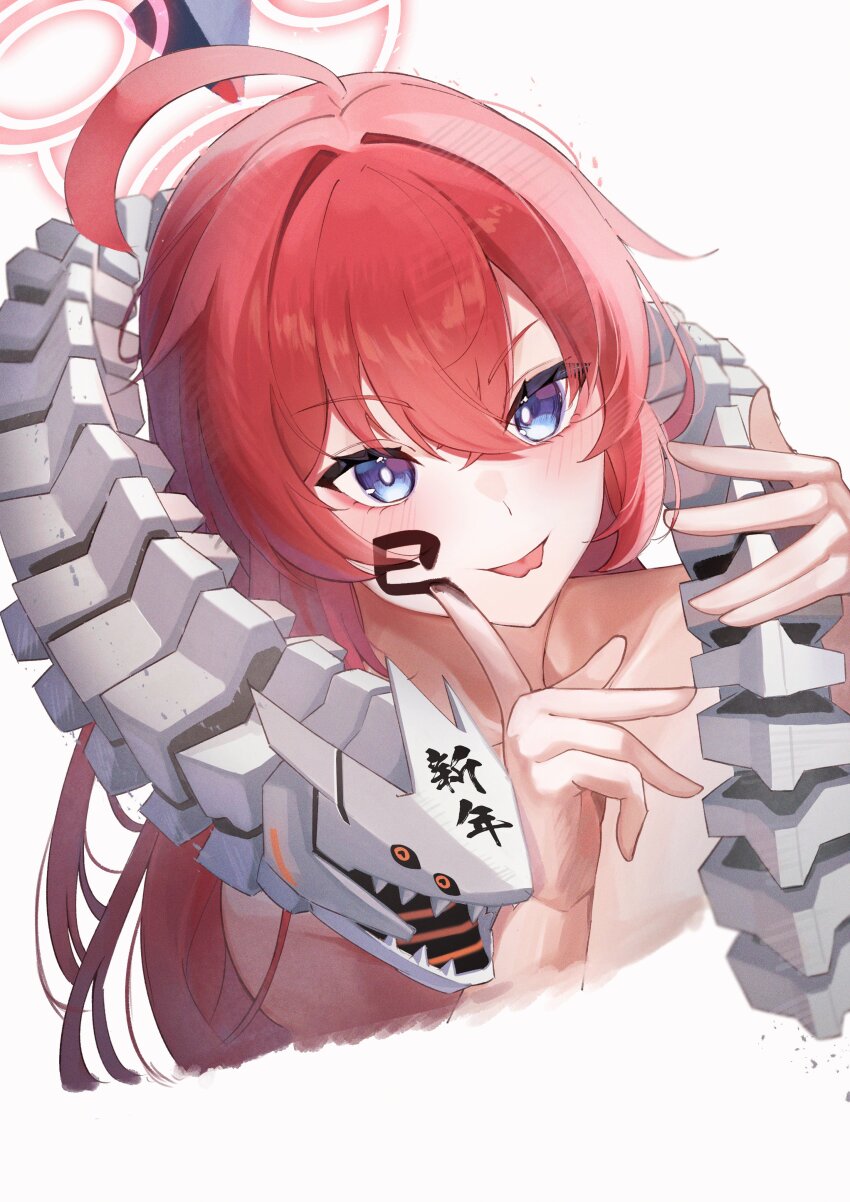 1girl 1other absurdres antenna_hair binah_(blue_archive) blue_eyes blush halo highres japanese_text long_hair maki_(blue_archive) oiru_(613) red_hair simple_background tongue tongue_out twitter upper_body white_background