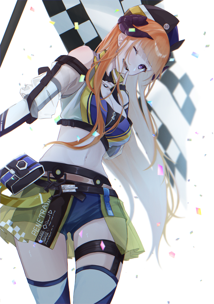 1girl ;d absurdres arknights bagpipe_(arknights) bagpipe_(queen_no._1)_(arknights) bare_shoulders blue_shorts breasts cleavage commentary_request cowboy_shot crop_top hat highres long_hair looking_at_viewer medium_breasts midriff miniskirt naruse_azusa navel official_alternate_costume one_eye_closed open_mouth orange_hair purple_eyes short_shorts shorts simple_background skirt smile solo standing stomach thighhighs thighs very_long_hair white_background yellow_skirt