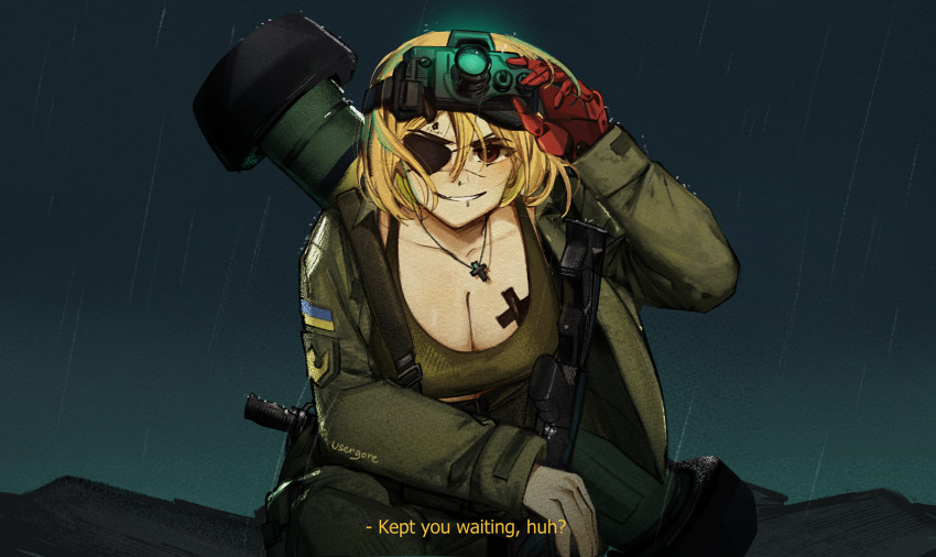 1girl artist_name assault_rifle azov_battalion big_boss blonde_hair breasts brown_eyes cleavage cross cross_necklace english_text eyepatch fgm-148_javelin goggles goggles_on_head green_tank_top gun hair_between_eyes handgun highres jacket jewelry large_breasts looking_at_viewer marichka mechanical_arms metal_gear_(series) metal_gear_solid_v:_ground_zeroes metal_gear_solid_v:_the_phantom_pain military military_jacket military_uniform necklace night_vision_device original parody patch rain rifle russo-ukrainian_war scar scar_on_face shoulder_patch single_mechanical_arm smirk solo tank_top tryzub ukrainian_flag usergore weapon