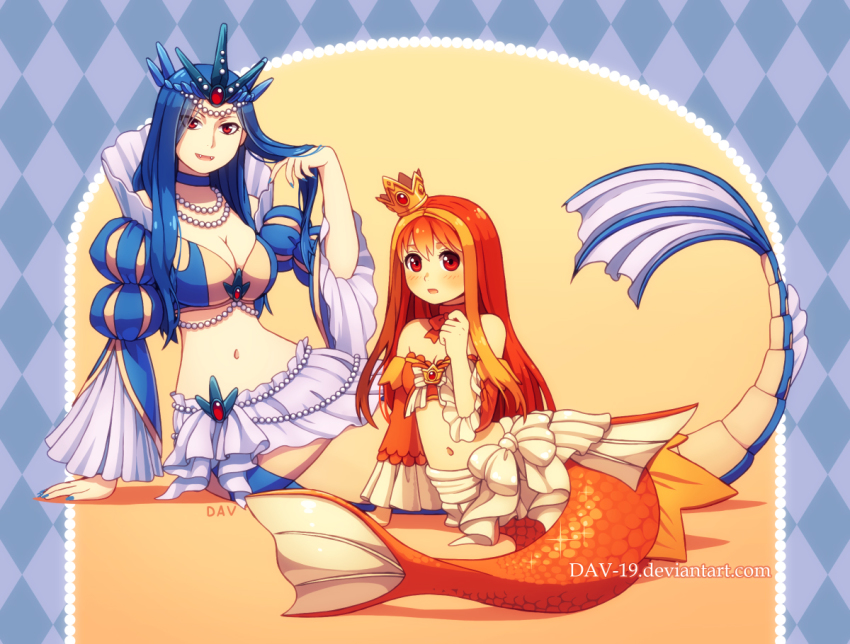 2girls :d blue_hair blue_nails blue_neckwear blush breasts choker crown dav-19 detached_sleeves evolutionary_line fangs flat_chest gem gen_1_pokemon gyarados large_breasts long_hair long_sleeves looking_at_viewer looking_away magikarp mermaid midriff monster_girl multiple_girls nail_polish navel nintendo open_mouth orange_hair orange_neckwear orange_ribbon pearl_(gemstone) personification pokemon puffy_sleeves red_eyes ribbon sitting smile watermark web_address