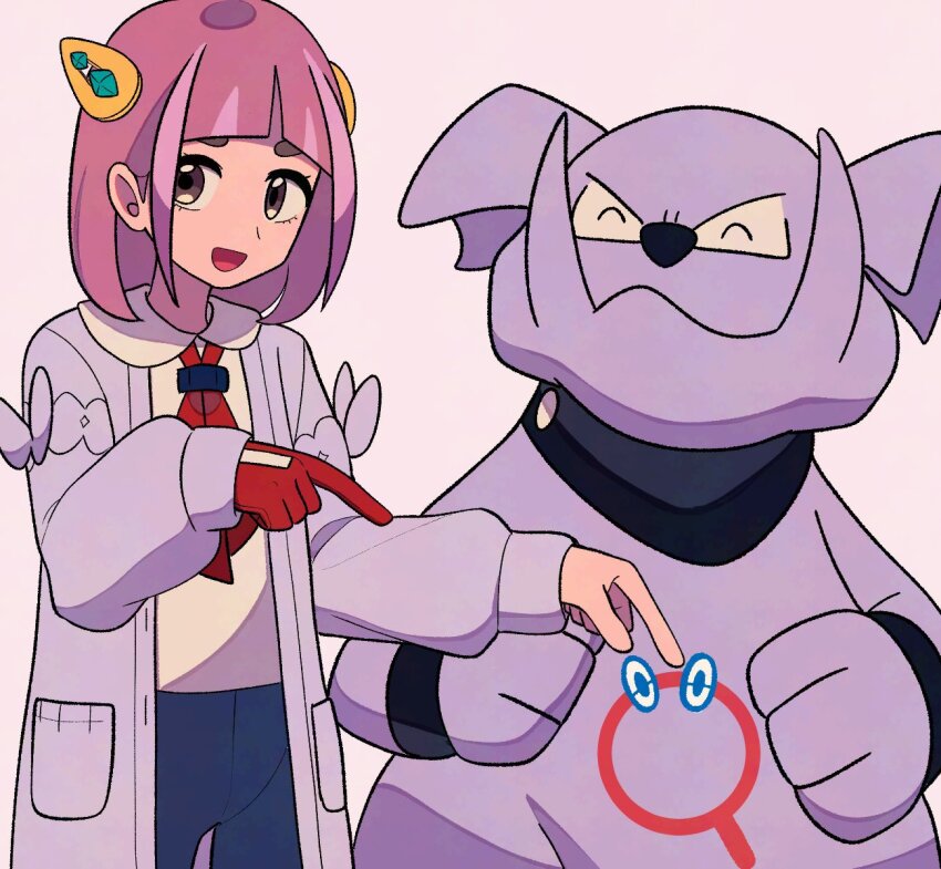 1girl :d arched_bangs blue_pants brown_eyes cardigan gen_2_pokemon gloves granbull hair_ornament hairclip highres lacey_(pokemon) long_sleeves nintendo open_cardigan open_clothes open_mouth pants pink_cardigan pink_hair pokemon pokemon_(creature) pokemon_sv red_gloves shirt short_hair single_glove smile tyako_089 white_shirt