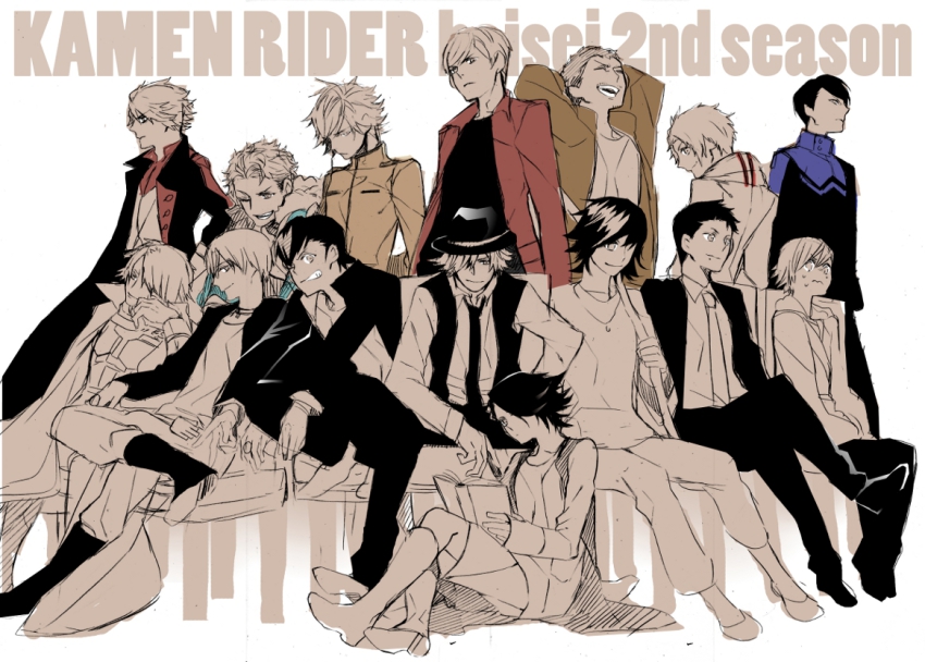 6+boys armor bad_id bad_pixiv_id couch date_akira dress_shirt fidgeting formal_clothes fukami_makoto grin hat unworn_hat unworn_headwear hidari_shoutarou hino_eiji hood hooded_jacket jacket kamen_rider kamen_rider_drive_(series) kamen_rider_fourze_(series) kamen_rider_gaim_(series) kamen_rider_ghost_(series) kamen_rider_ooo_(series) kamen_rider_w kamen_rider_wizard_(series) kazuraba_kouta kisaragi_gentarou kumon_kaito male_focus multiple_boys nitou_kousuke one_eye_closed philip philip_(kamen_rider) pompadour sakuta_ryuusei shijima_gou shirt simple_background sitting smile souma_haruto suit tailcoat tenkuuji_takeru terui_ryuu tomari_shinnosuke tougou_kazuki vest white_background