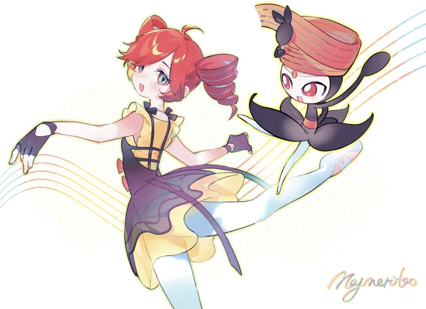 1girl ahoge ballet ballet_slippers black_dress black_gloves blush commentary_request dancing dress drill_hair fingerless_gloves from_behind gen_5_pokemon gloves grey_eyes hair_over_one_eye highres kasane_teto leg_up legendary_pokemon looking_back maymeriko meloetta meloetta_(pirouette) musical_staff mythical_pokemon nintendo open_mouth outstretched_arms pantyhose pokemon pokemon_(creature) project_voltage red_eyes rival_teto_(project_voltage) see-through_clothes see-through_dress shoes standing standing_on_one_leg symbol-shaped_pupils triangle-shaped_pupils twin_drills utau vocaloid white_background white_pantyhose white_shoes yellow_dress