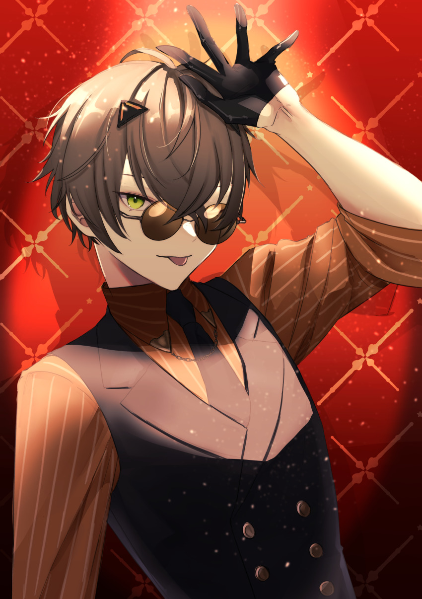 1boy absurdres alban_knox black_gloves black_necktie black_vest brown_hair buttons collared_shirt collared_vest crossed_bangs double-breasted glasses gloves green_eyes half_gloves hand_up highres looking_at_viewer male_focus necktie nijisanji nijisanji_en official_alternate_costume one_eye_closed peridot_(periperi_8) red_background round_eyewear shirt short_hair solo striped_clothes striped_shirt tongue tongue_out vertical-striped_clothes vertical-striped_shirt vest virtual_youtuber