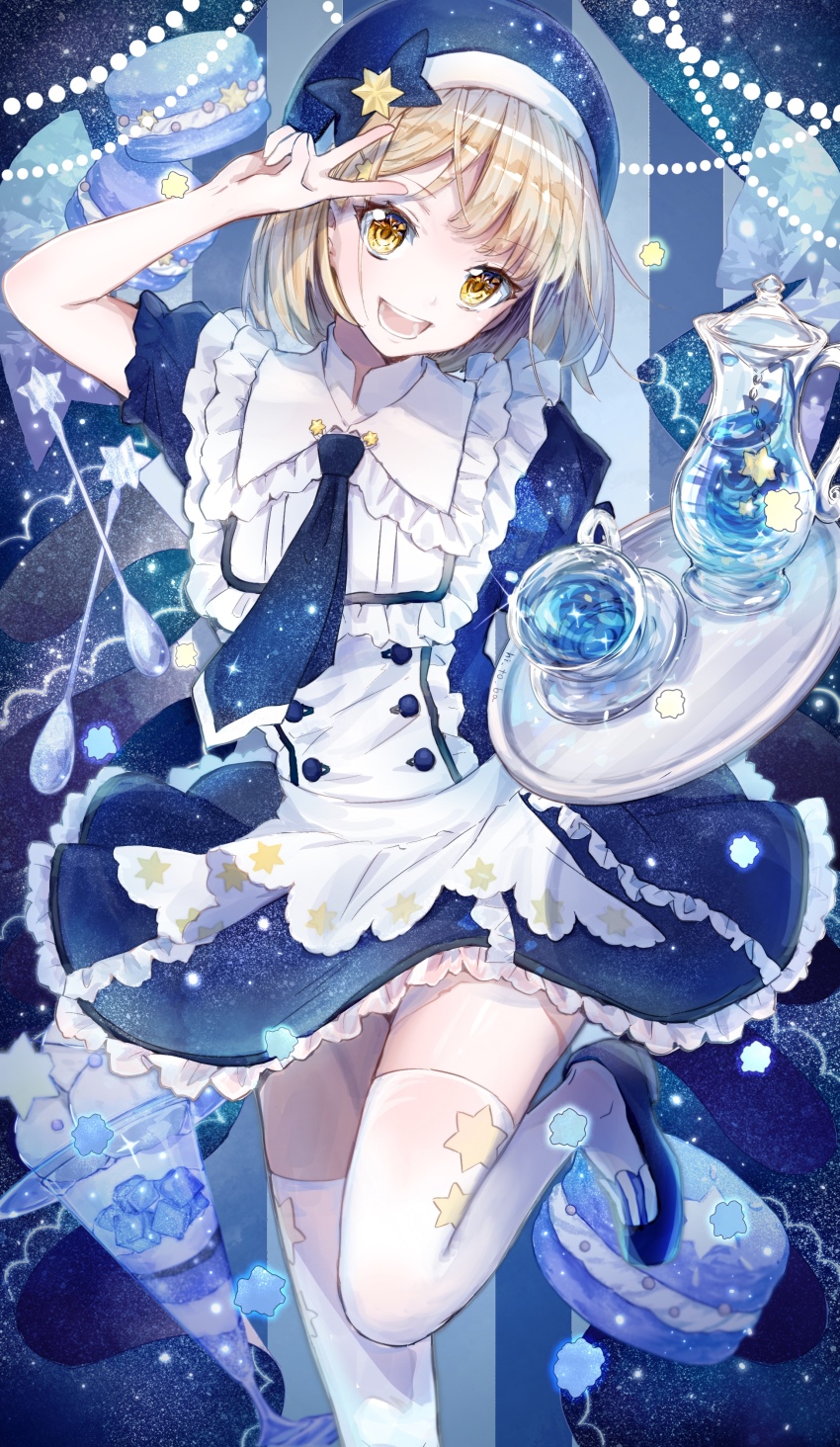 1girl absurdres apron artist_name artoria_(hitoba) blonde_hair blue_dress blue_footwear blue_necktie blue_theme bow buttons capelet collared_dress cup dress food foot_out_of_frame foot_up frilled_capelet frilled_dress frilled_sleeves frills hair_ornament hat hat_bow head_tilt highres hitoba holding holding_tray liquid looking_at_viewer macaron necktie open_mouth original parfait puffy_sleeves short_hair short_sleeves sky smile solo spoon standing star_(sky) star_(symbol) star_hair_ornament star_print starry_sky starry_sky_print teacup teeth thighhighs tray v waist_apron waitress white_apron white_capelet white_thighhighs yellow_eyes