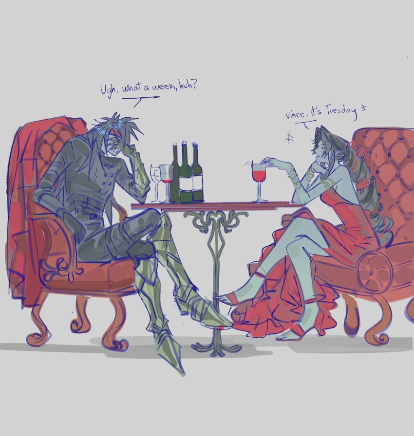 1boy 1girl aerith_gainsborough aerith_gainsborough_(red_dress) alternate_eye_color alternate_species armlet backless_dress backless_outfit belt black_belt black_gloves black_hair black_shirt bottle bracelet cape chair clothes_on_chair commentary covering_own_eyes crossed_legs cup dress drinking_glass english_commentary english_text fangs final_fantasy final_fantasy_vii final_fantasy_vii_remake full_body gauntlets gloves gold_armlet gold_bracelet grey_background hairband hand_on_own_chin high_heels highres jewelry leg_armor light_smile limited_palette long_sleeves looking_at_another mmmckayyy multiple_belts official_alternate_costume on_chair parody parted_bangs pointy_ears ponytail red_cape red_eyes red_footwear red_hairband sabaton shirt sidelocks single_gauntlet sitting smile speech_bubble tintin unworn_cape vampire vincent_valentine wavy_hair wine_bottle wine_glass