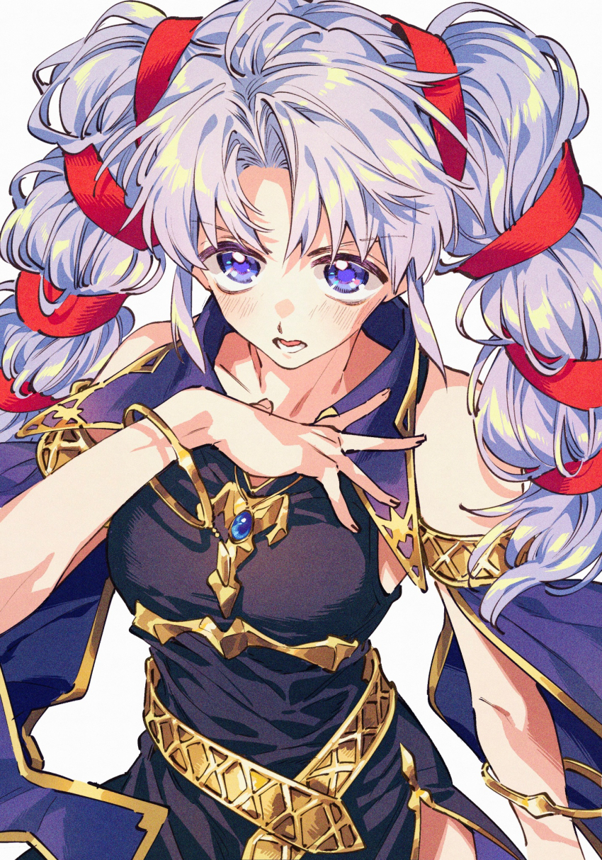 1girl bare_shoulders black_dress blush breasts commentary_request dress fire_emblem fire_emblem:_genealogy_of_the_holy_war gold_trim hand_on_own_chest highres jewelry long_hair looking_at_viewer lower_teeth_only medium_breasts nintendo open_mouth otokawa_akari purple_eyes purple_hair simple_background sleeveless sleeveless_dress solo teeth tine_(fire_emblem) twintails very_long_hair white_background