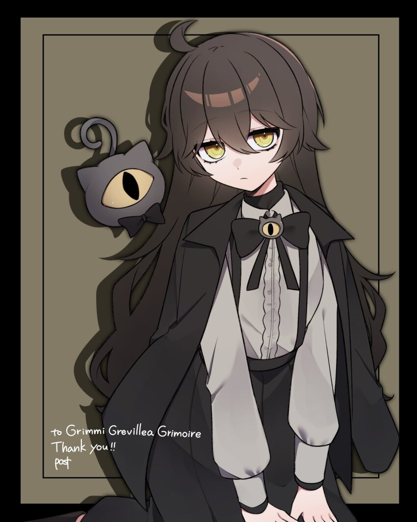 1girl absurdres ahoge black_border black_bow black_bowtie black_hair black_jacket black_skirt border bow bowtie brown_background closed_mouth collared_shirt commentary english_commentary frilled_shirt frills grey_shirt grimmi_(vtuber) hair_between_eyes hands_on_own_knees highres indie_virtual_youtuber jacket jacket_on_shoulders kneeling light_frown long_hair long_sleeves looking_at_viewer outside_border raised_eyebrows second-party_source shadow shirt simple_background skelter_(grimmivt) skirt solo suspender_skirt suspenders very_long_hair wata_post yellow_eyes