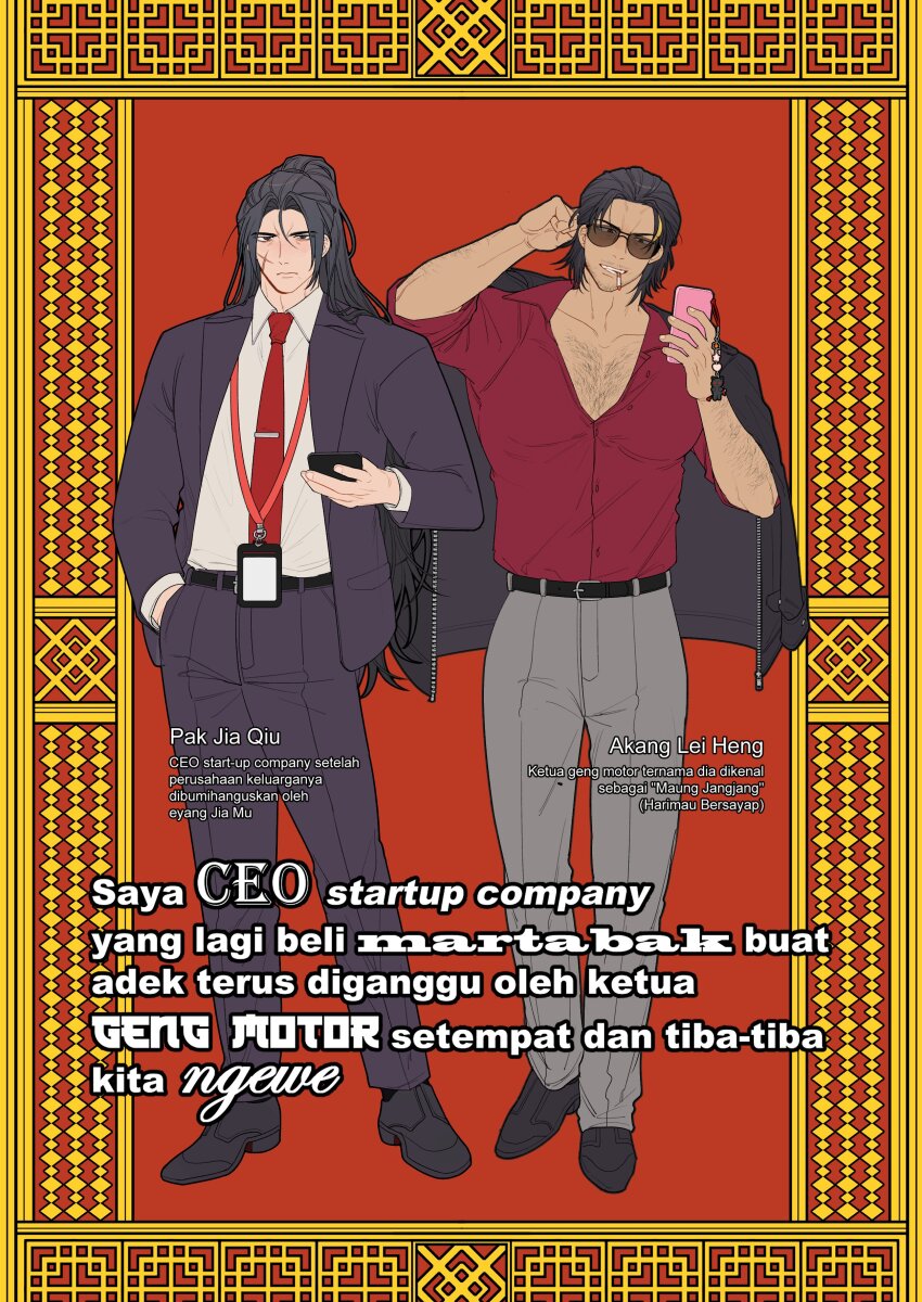 2boys absurdres black_coat black_eyes black_hair black_pants border cellphone_charm charm_(object) chest_hair cigarette coat collarbone collared_shirt curtained_hair dress_shoes english_text full_body grin hair_slicked_back hand_in_pocket hand_on_own_head high_ponytail highres hiu_bacot holding holding_phone id_card indonesian_text jacket jacket_on_shoulders jia_qiu_(project_moon) lei_heng_(project_moon) limbus_company long_hair looking_at_phone multiple_boys necktie off_shoulder open_clothes open_shirt ornate_border pants pectorals phone ponytail project_moon red_background red_necktie red_shirt scar scar_on_face serious shirt smile standing sunglasses very_long_hair white_shirt wolf_cut