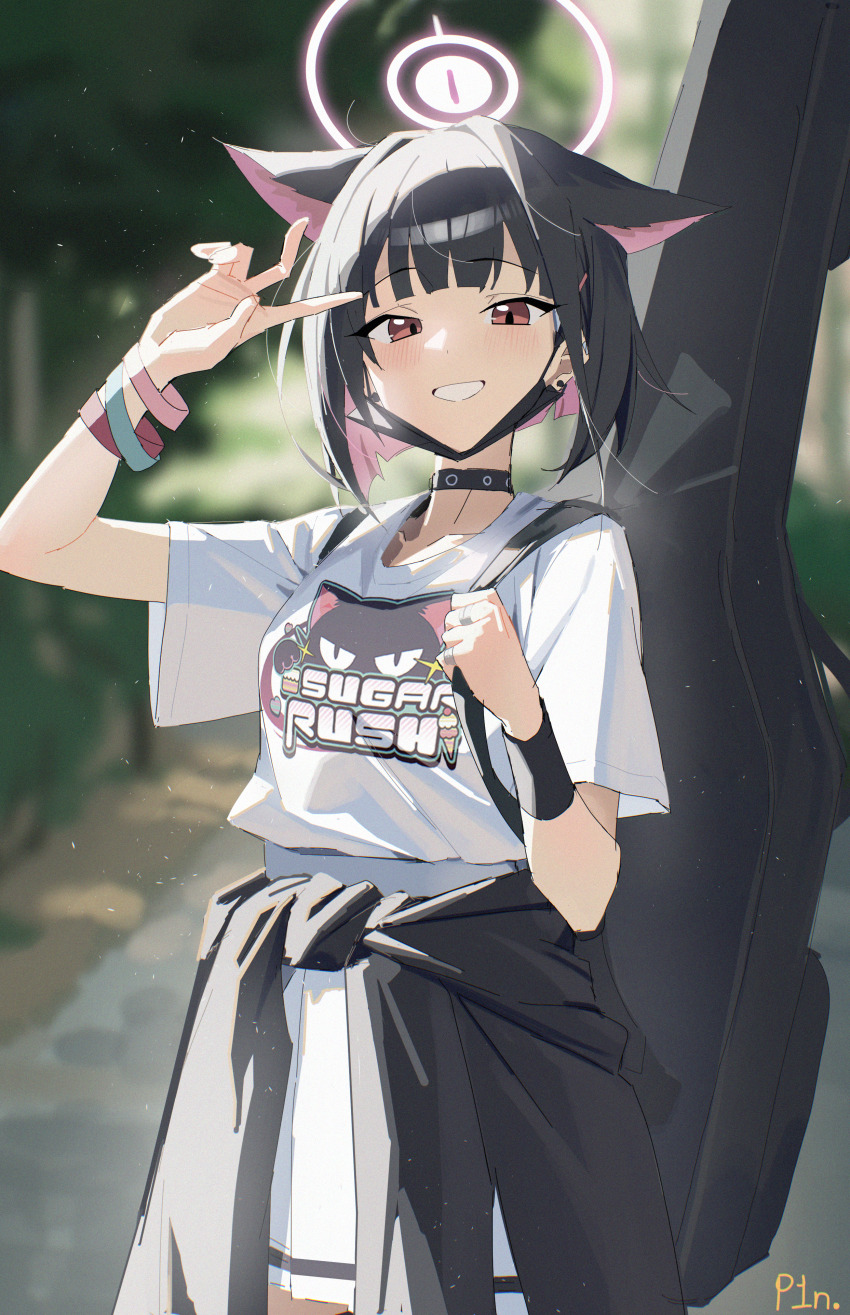 1girl absurdres animal_ears black_hair black_mask blue_archive cat_ears commentary_request extra_ears halo highres kazusa_(band)_(blue_archive) kazusa_(blue_archive) looking_at_viewer mask medium_hair mouth_mask multicolored_hair official_alternate_costume p1n pink_eyes pink_hair pink_halo shirt skirt solo thighs two-tone_hair v white_shirt white_skirt