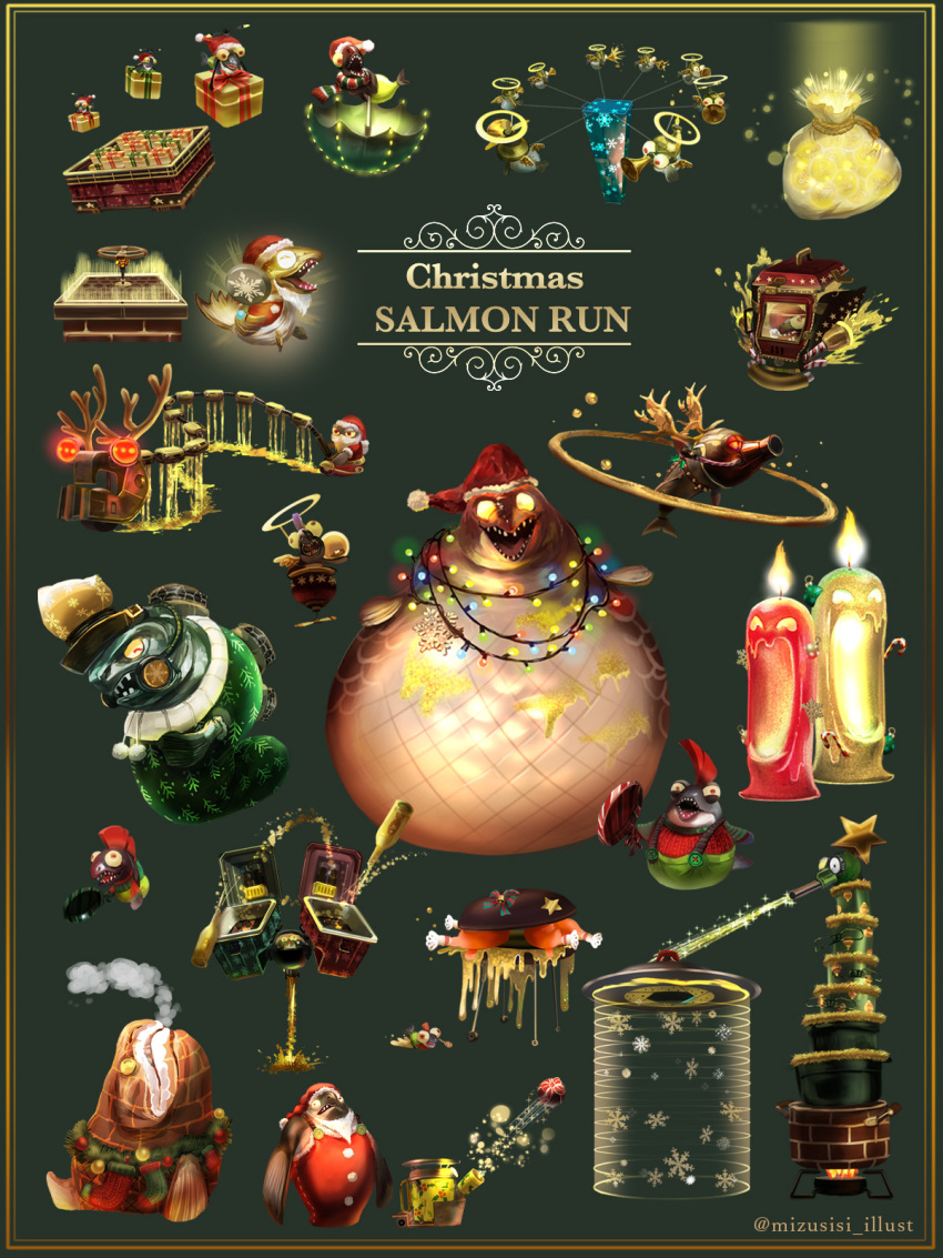^_^ alcohol animal animal_focus antlers artist_name bag bauble beard bell big_shot_(splatoon) blank_eyes blue_hair border bow box breath bulging_eyes buttons candle candy candy_cane cannon cannonball champagne champagne_bottle chimney chinook_(splatoon) christmas christmas_lights christmas_ornaments christmas_stocking christmas_tree christmas_wreath chum_(splatoon) closed_eyes clothed_animal cohock_(splatoon) cohozuna_(splatoon) colored_sclera cooking_pot dripping drizzler_(splatoon) english_text everyone facial_hair fake_halo fire fish fish_stick_(splatoon) flipper-flopper_(splatoon) flyfish_(splatoon) flying food from_side frying_pan full_body fur-trimmed_headwear fur-trimmed_jacket fur-trimmed_overalls fur-trimmed_sleeves fur_trim gas_mask gift gift_box glowing glowing_eyes golden_egg_(splatoon) goldie_(splatoon) green_background green_overalls green_ribbon griller_(splatoon) half-closed_eyes halo happy hat helmet highres holding holding_frying_pan holding_spoon holding_weapon holly horns jacket jewelry jingle_bell laser long_sleeves looking_at_viewer mask maws_(splatoon) meat mini_wings missile_pod mizushishi mohawk mothership_(splatoon) motion_lines mudmouth_(splatoon) multicolored_bow multicolored_scarf mustache nintendo no_humans open_mouth overalls pom_pom_(clothes) portable_stove profile propeller propeller_hat raglan_sleeves red_bow red_eyes red_hair red_headwear red_jacket red_overalls red_ribbon red_sleeves red_sweater ribbon ring rope sack salmon_run_(splatoon) santa_costume santa_hat scarf scrapper_(splatoon) short_hair simple_background single_tooth slammin&#039;_lid_(splatoon) slime_(substance) smallfry_(splatoon) snatcher_(splatoon) snowflake_background snowflake_print snowflakes sparkle splatoon_(series) splatoon_3 spoon standing star_(symbol) steel_eel_(splatoon) steelhead_(splatoon) stinger_(splatoon) striped_bow striped_clothes striped_scarf striped_sleeves sweater teeth tinsel transparent turkey_(food) twitter_username ufo umbrella wall-eyed watermark weapon wings wreath yellow_border yellow_eyes yellow_headwear yellow_sclera yellow_wings