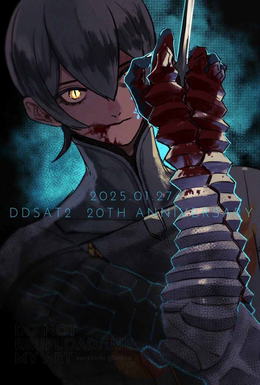 1boy anniversary arm_armor arm_blade armor artist_name blood blood_on_face blood_on_hands blood_on_mouth blue_background blue_tattoo dated digital_devil_saga facial_mark glowing_tattoo glyph grey_hair happy_anniversary highres konbanha06 looking_at_viewer male_focus serph shin_megami_tensei short_hair slit_pupils solo tattoo weapon yellow_eyes