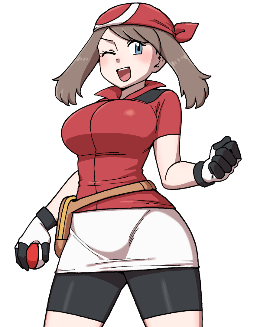 1girl ;d alternate_breast_size bandana bike_shorts bike_shorts_under_skirt breasts brown_hair clenched_hand collared_shirt commentary cowboy_shot eyelashes gloves highres holding holding_poke_ball may_(pokemon) medium_hair nintendo nutkingcall one_eye_closed open_mouth poke_ball poke_ball_(basic) pokemon pokemon_rse red_bandana red_shirt shirt short_sleeves simple_background skirt smile solo teeth upper_teeth_only white_background white_gloves white_skirt