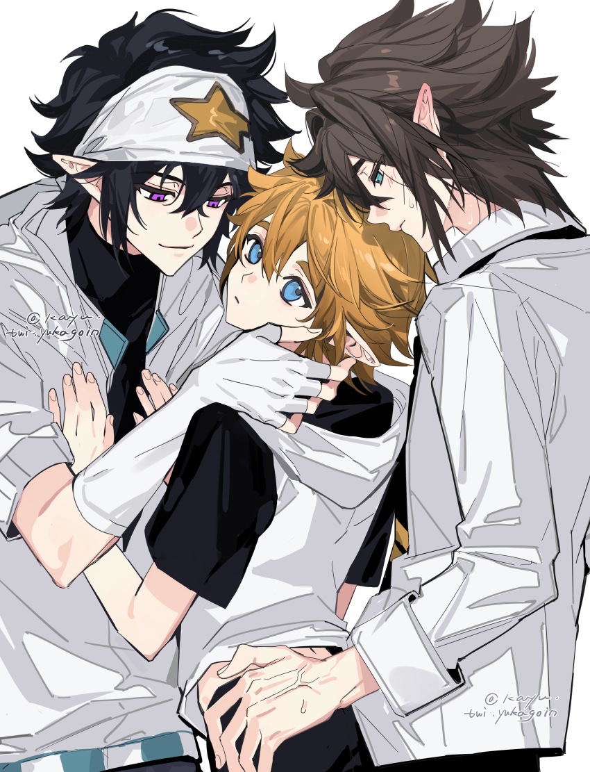 3boys absurdres anmicius aotu_world aqua_eyes bandana black_hair black_necktie black_shirt black_shorts blonde_hair blue_eyes blush brown_hair chinese_commentary closed_mouth ear_blush fingerless_gloves gloves hair_between_eyes hand_on_another&#039;s_cheek hand_on_another&#039;s_chest hand_on_another&#039;s_face hand_on_another&#039;s_hip hat headband highres hood hooded_jacket hoodie jacket kayu_(yukagoin) king_(aotu_world) long_sleeves looking_at_another male_focus multiple_boys necktie parted_lips pointy_ears purple_eyes ray_(aotu_world) shirt short_hair short_sleeves shorts simple_background smile spiked_hair star_(symbol) star_print sweat sweatdrop twitter_username white_background white_gloves white_headband white_hoodie white_jacket white_shirt yaoi